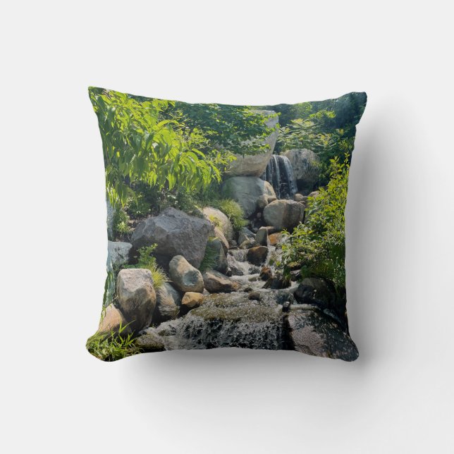 Peaceful Forest Stream Calming Greenery waterfall Cushion (Front)