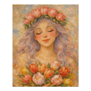 Peaceful Girl with Yellow Tulips  Poster