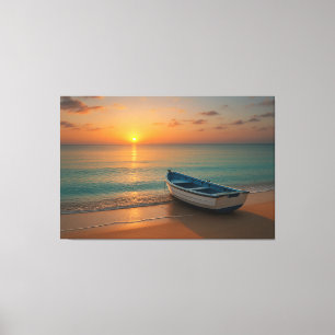 Peaceful Golden Sunset with Boat on Beach Canvas Print