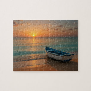 Peaceful Golden Sunset with Boat on Beach Puzzle