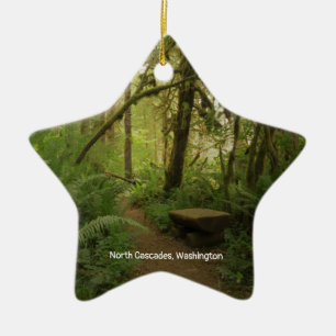 Peaceful Green Forest Trail in Washington Ceramic Tree Decoration