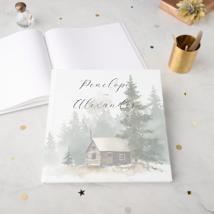 Peaceful Green Watercolor Cabin Scene Guest Book