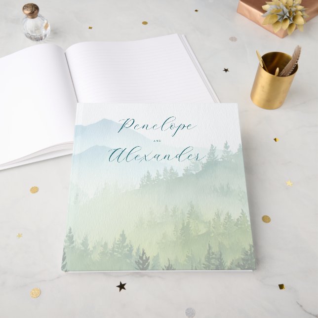 Peaceful Green Watercolor Forest Landscape Guest Book (Front Open)