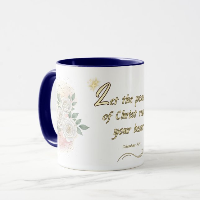 Peaceful Hearts Mug Colossians 3:15 (Front Left)