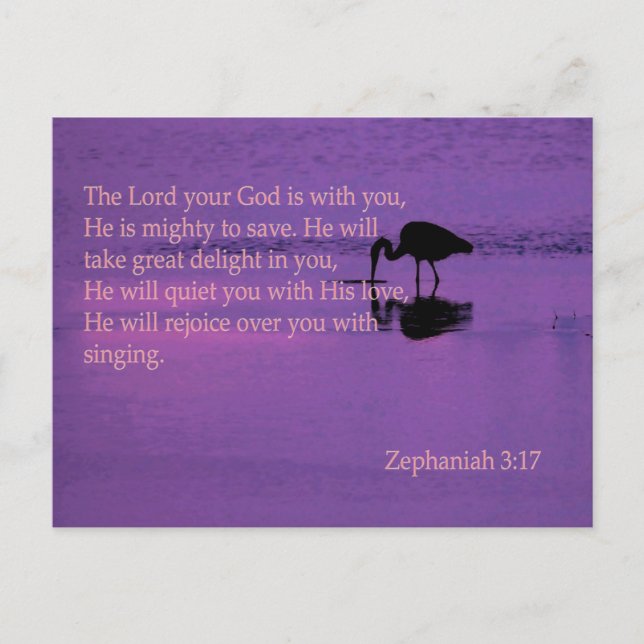 peaceful heron with Zephaniah 3:17 Postcard (Front)