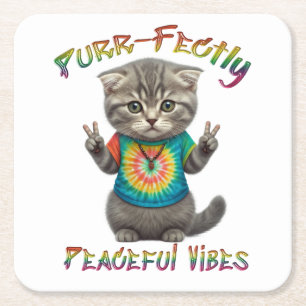 Peaceful Hippie Boho Kitten Vibes Square Paper Coaster