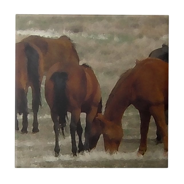 Peaceful Horse Herd Grazing Together Western Tile (Front)
