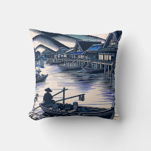 Peaceful Japan Fishermen Village Cushion