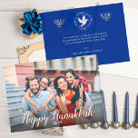 Peaceful Joyous Happy Hanukkah Modern Photo Holiday Card<br><div class="desc">Send Hanukkah greetings with a full-sized family photo on the front with complementary white fonts of "Happy Hanukkah" and the current year across the bottom of the photo. On the reverse side is a message to keep or personalise and a place for your family or individual name. Two simple menorahs...</div>