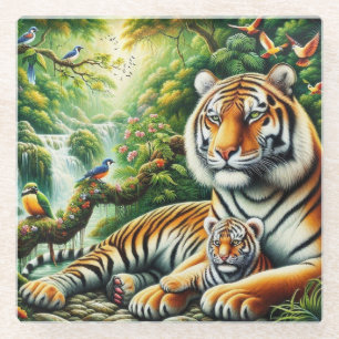 Peaceful Jungle Scene with Tigers Painting Glass Coaster