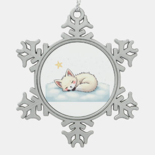 Peaceful Kawaii Arctic Fox Starry Night Winter Snowflake Pewter Christmas Ornament