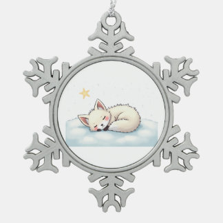 Peaceful Kawaii Arctic Fox Starry Night Winter Snowflake Pewter Christmas Ornament