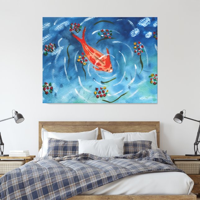 Peaceful Koi Fish Watercolor Stretched Canvas Print (Insitu(Bedroom))
