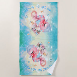 Peaceful Mermaid on Pink Seahorse Beach Towel