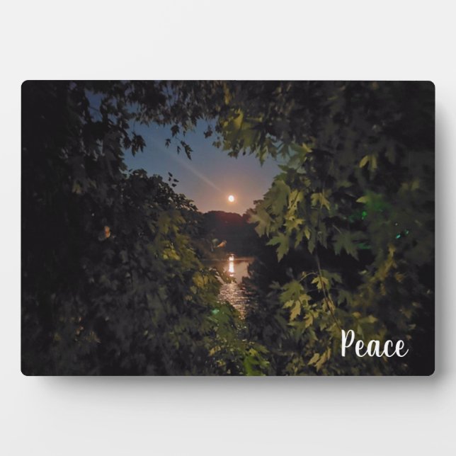 Peaceful moonrise in a blue sky over water plaque (Front)