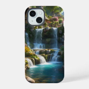 Peaceful mountain cabin waterfalls flowers iPhone 15 case