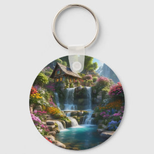 Peaceful mountain cabin waterfalls flowers key ring
