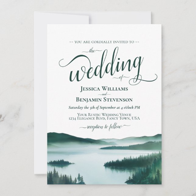 Peaceful Mountain Lake Elegant and Rustic Wedding Invitation (Front)