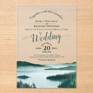 Peaceful Mountain Lake Elegant Calligraphy Wedding Acrylic Invitations