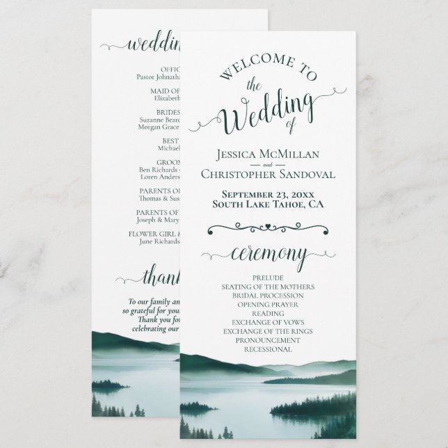 Peaceful Mountain Lake Rustic Watercolor Wedding Programme (Front/Back)