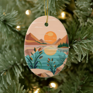 Peaceful Mountain Lake Sunset Landscape Ceramic Tree Decoration