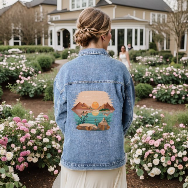 Peaceful Mountain Lake Sunset Landscape Denim Jacket (Wedding Back)