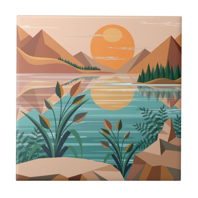 Peaceful Mountain Lake Sunset Landscape Tile (Front)