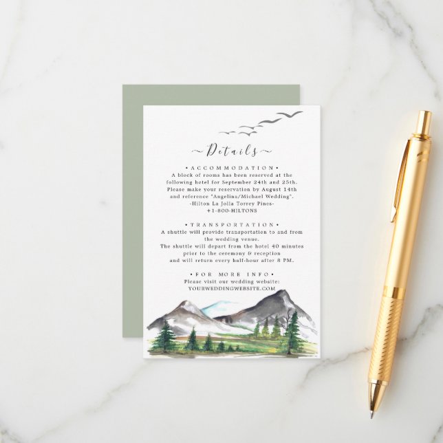 Peaceful Mountain Pine Forest Wedding Detail Enclosure Card (Front/Back In Situ)