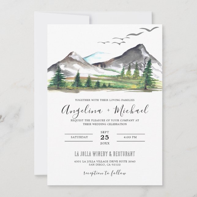 Peaceful Mountain Woodland Forest QR Code Wedding Invitation (Front)