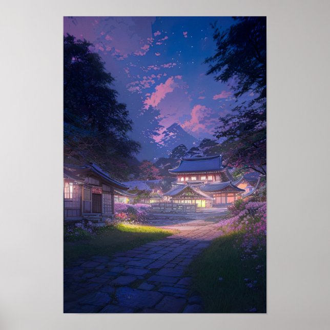Peaceful Night in a Rural Japanese Village Poster (Front)