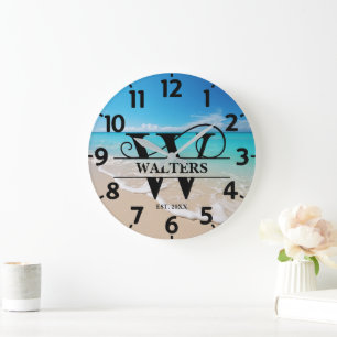 Peaceful Ocean Beach W Monogram Large Clock