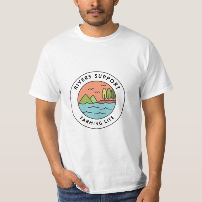 Peaceful Orange Blue Retro River Farming Design T-Shirt (Front)