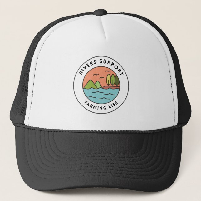 Peaceful Orange Blue Retro River Farming Design Trucker Hat (Front)
