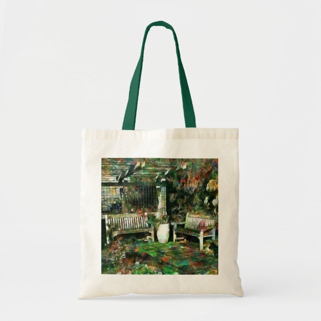 Peaceful Painterly Patio with Bench Tote Bag (Front)