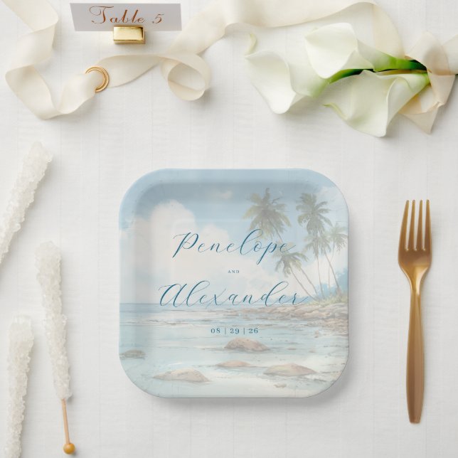 Peaceful Pastel Beach Scene Paper Plate (Wedding)