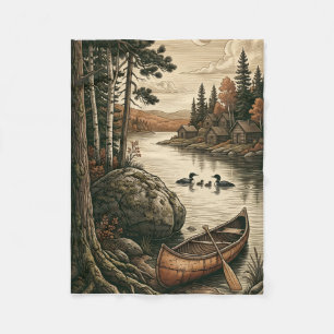 Peaceful Pine Forest River And Wooden Boat Nature Fleece Blanket