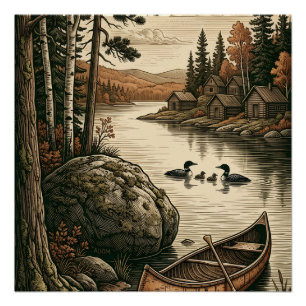 Peaceful Pine Forest River And Wooden Boat Nature Poster