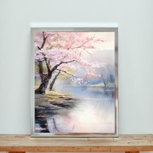 Peaceful Pink Cherry Blossoms by the Water Photo Print