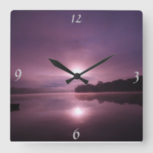 Peaceful Pink/Plum Sunrise Landscape over Water Square Wall Clock