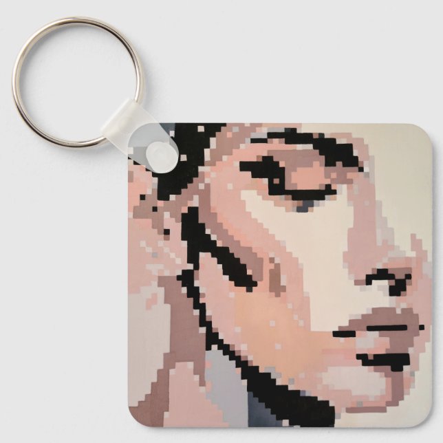 Peaceful pixel face in soft tones key ring (Front)