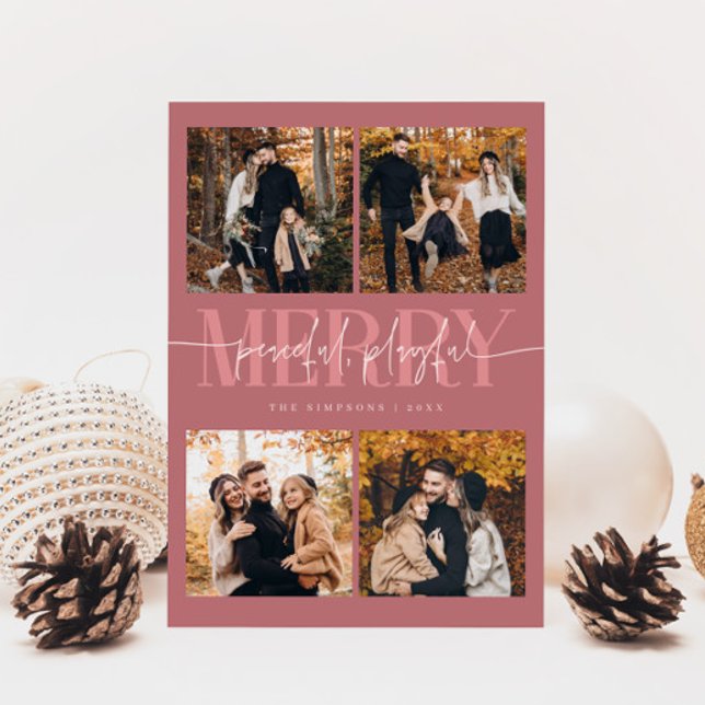 Peaceful Playful Merry Pink Christmas Multi Photo Holiday Card (Creator Uploaded)