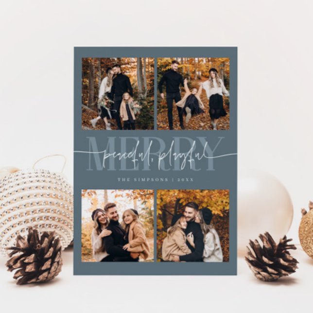 Peaceful Playful Merry Slate Blue Christmas Photo Holiday Card (Creator Uploaded)