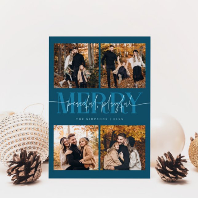 Peaceful Playful Merry Teal Christmas Multi Photo Holiday Card (Creator Uploaded)