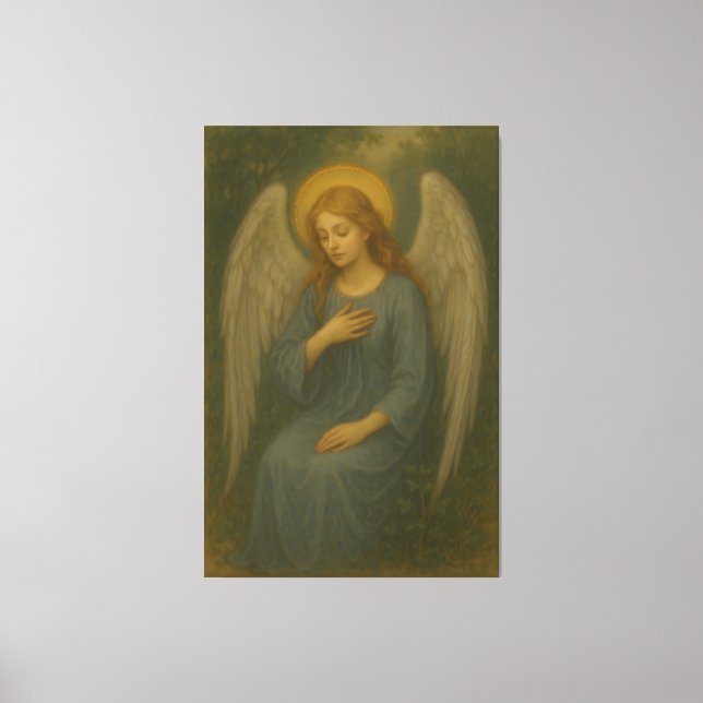 Peaceful Prayer Angel – Golden Halo White Wing Gua Canvas Print (Front)