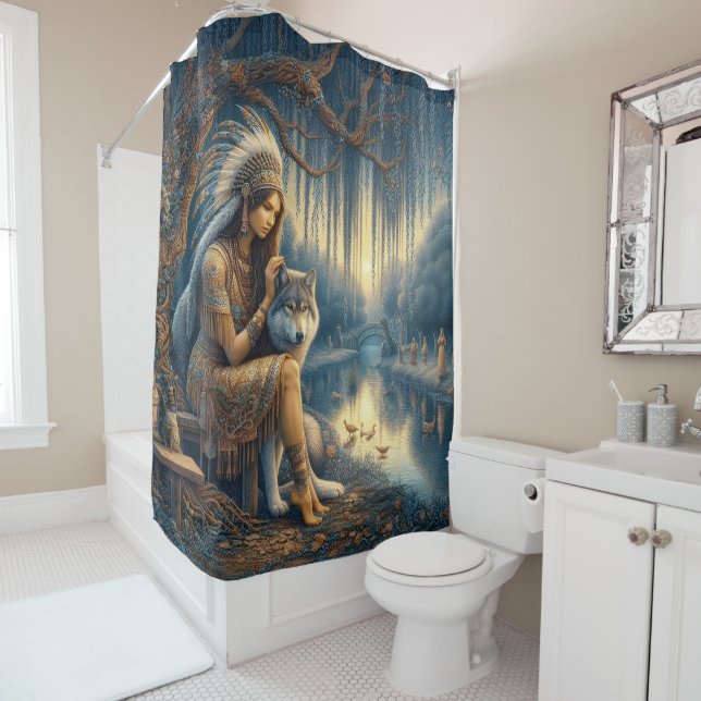 Peaceful river moment with a wolf shower curtain (In Situ)