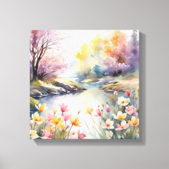 Peaceful Riverbank Watercolor Canvas Print (Front)
