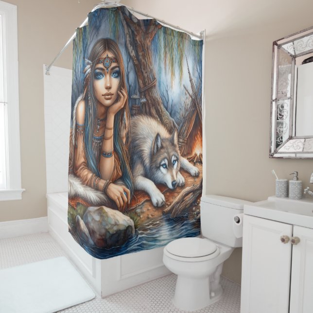Peaceful riverside with a wolf friend shower curtain (In Situ)