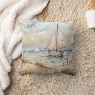 Peaceful Sailing Watercolor Coastal Cushion