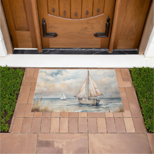 Peaceful Sailing Watercolor Coastal Doormat