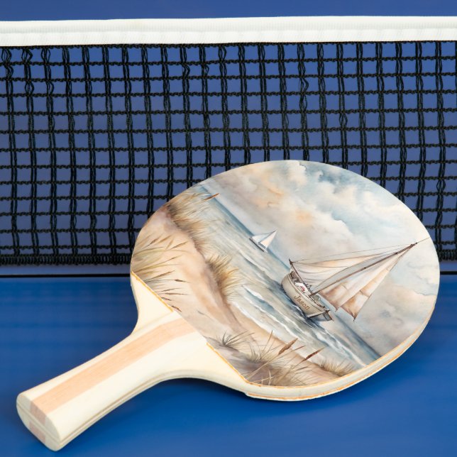 Peaceful Sailing Watercolor Coastal Ping Pong Paddle (Insitu)